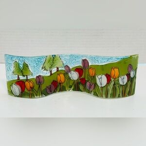 Handmade Fused Glass Wavy Art Piece Depicting A Field Of Tulips 2.5” x 8.5”